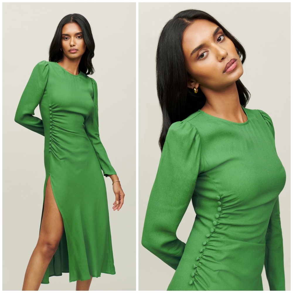 💚 Reformation, Kelly Green Freda Ruched Midi Dress